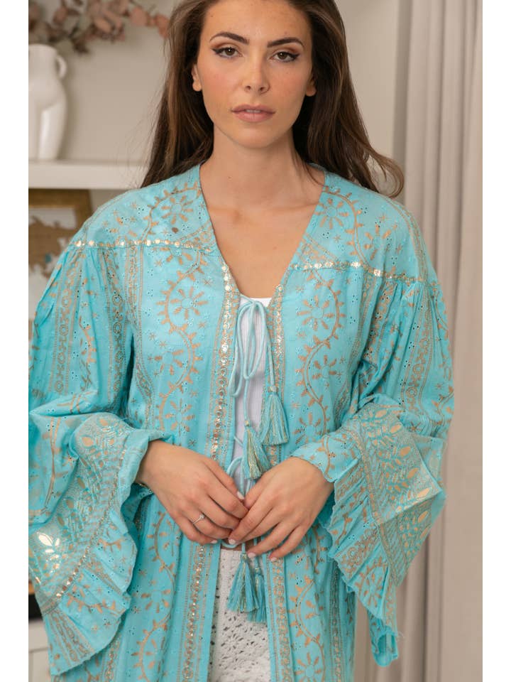 TURKOS Lång bohemisk kimono klänning broderad med paljetter, V-ringning och midja för wholesale på Faire
