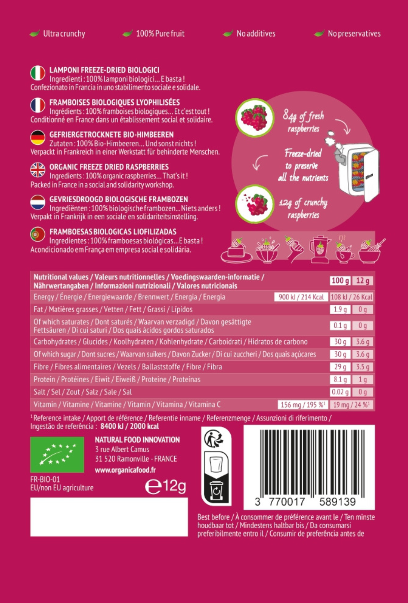 Organica – Großhandel Getrocknete/dehydrierte Früchte – Organische gefriergetrocknete Himbeeren 100 % reine Frucht | Organica3