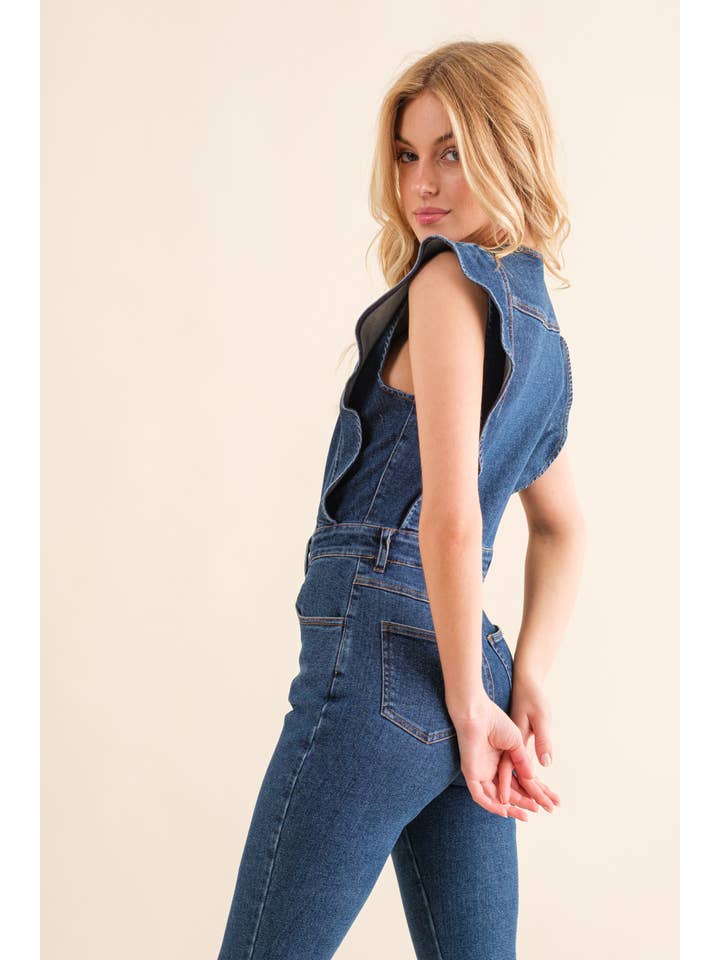 Blue B - Vendita all'ingrosso Tuta intera - Donna - 22646R - Tuta in denim SLV con bottoni e fondo a campana8