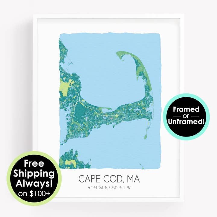 Cape Cod Massachusetts Map - Watercolor Map Art - Custom for wholesale by Sparks House Co.