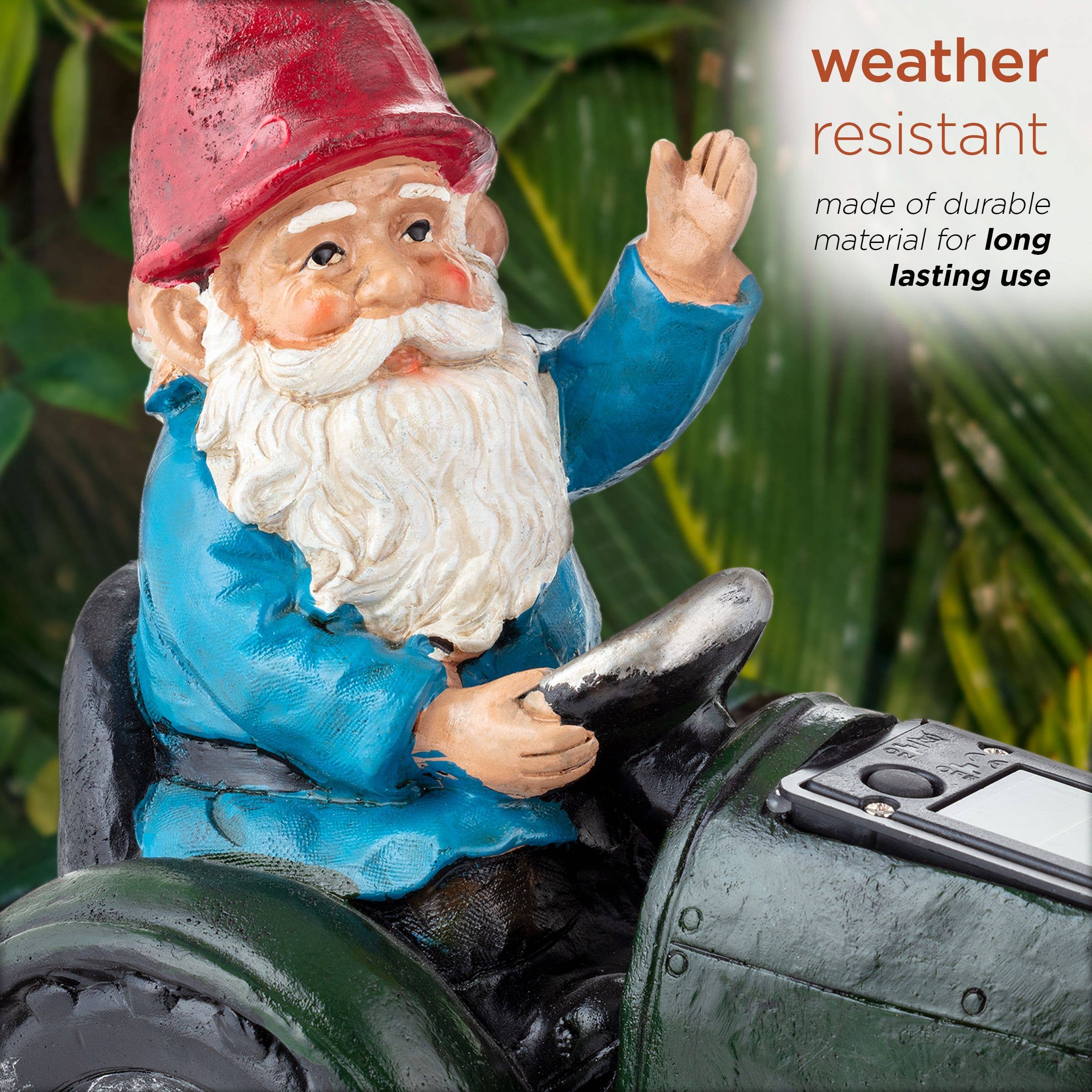 Alpine Corporation - Wholesale Garden Gnome - Solar Green Tractor Riding Gnome with Cool White LED Lights5