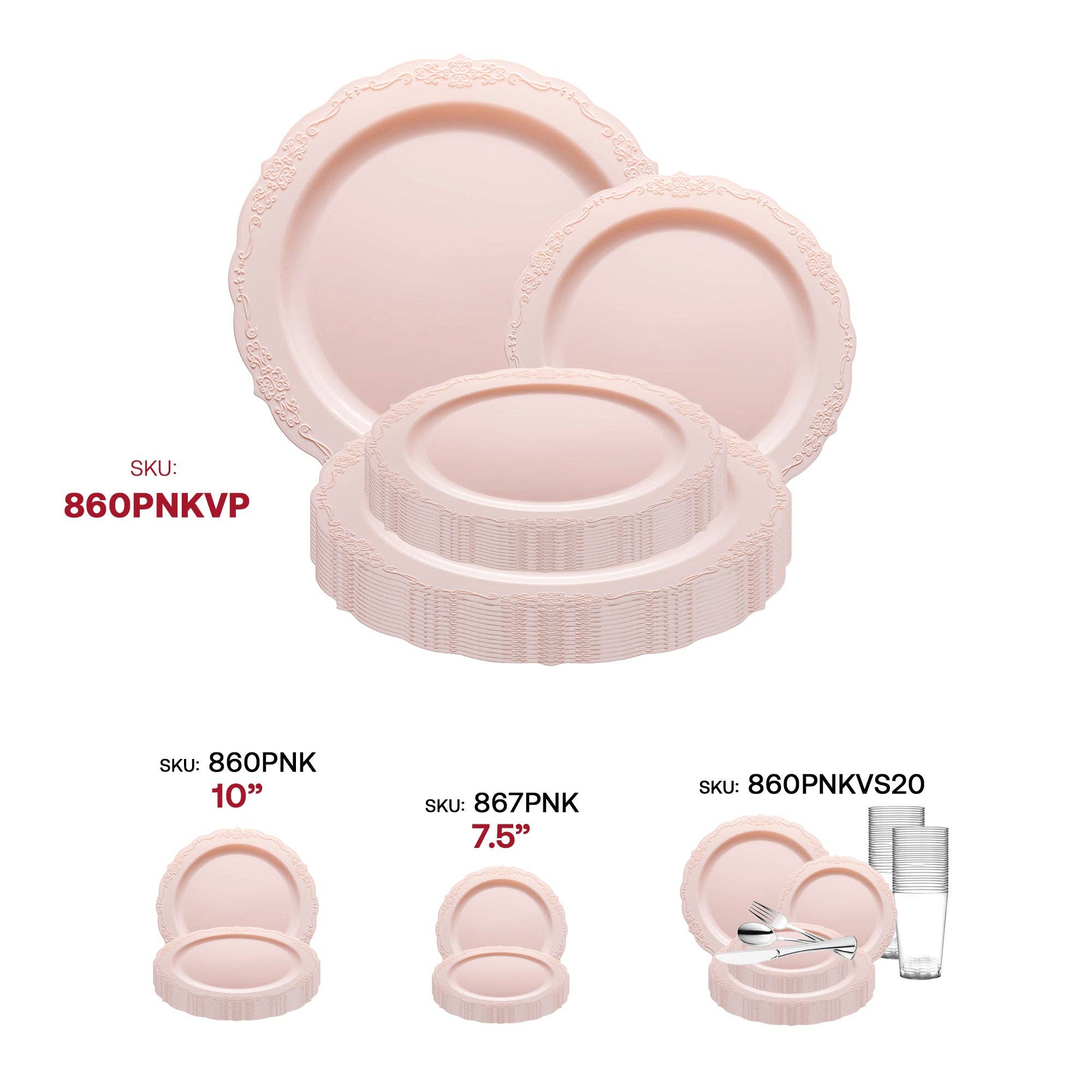 Smarty had a Party - Wholesale Disposable Plate - Pink Vintage Round Plastic Dinnerware Set - 20 Sets6