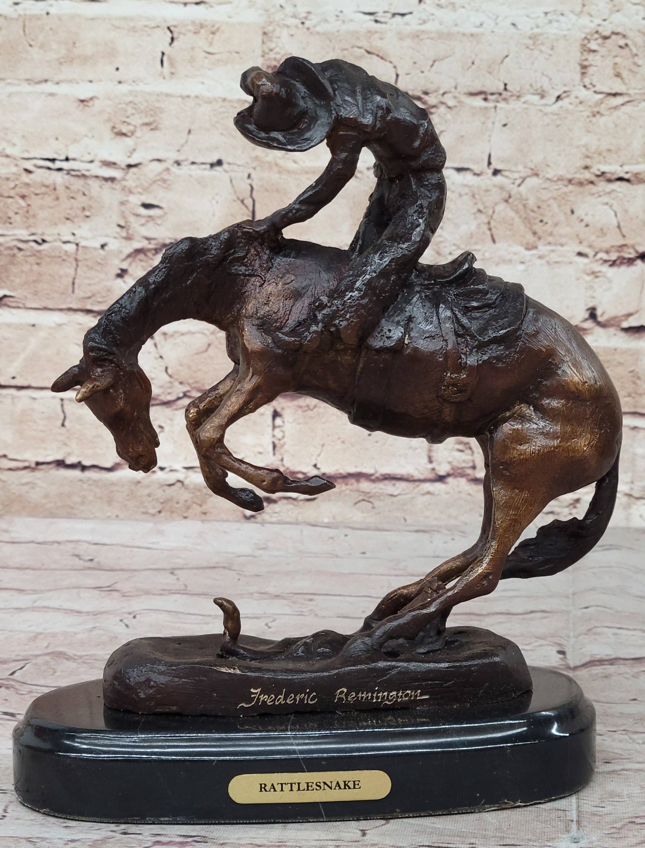 Bronzhaus - Wholesale Sculpture - RATTLESNAKE Frederic Remington Bronze on Marble Desktop Statue Sculpture 9" x 8"4