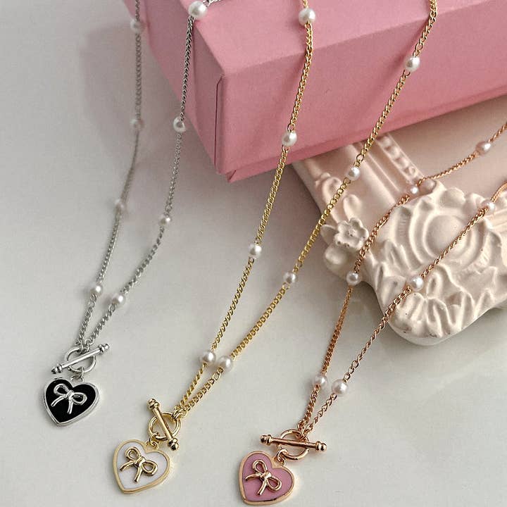 MOND HAUS - Wholesale Pendant/Charm Necklace - KOKOA Heart Charm Necklace with Ribbon and Pearl Accents