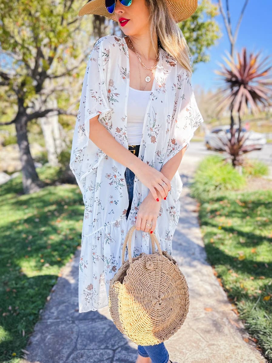 Ivory Floral Printed Ruffle Bottom Chiffon Kimono Cover Up for wholesale on Faire2
