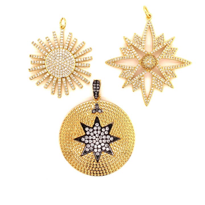 18K CZ Sunburst Pendant For Necklace, Boho Star Pendant, Large Gold Sunburst Pendant, Celestial Pendant, Wholesale Pendants For Jewelry Making for wholesale by The Bead Bazaar