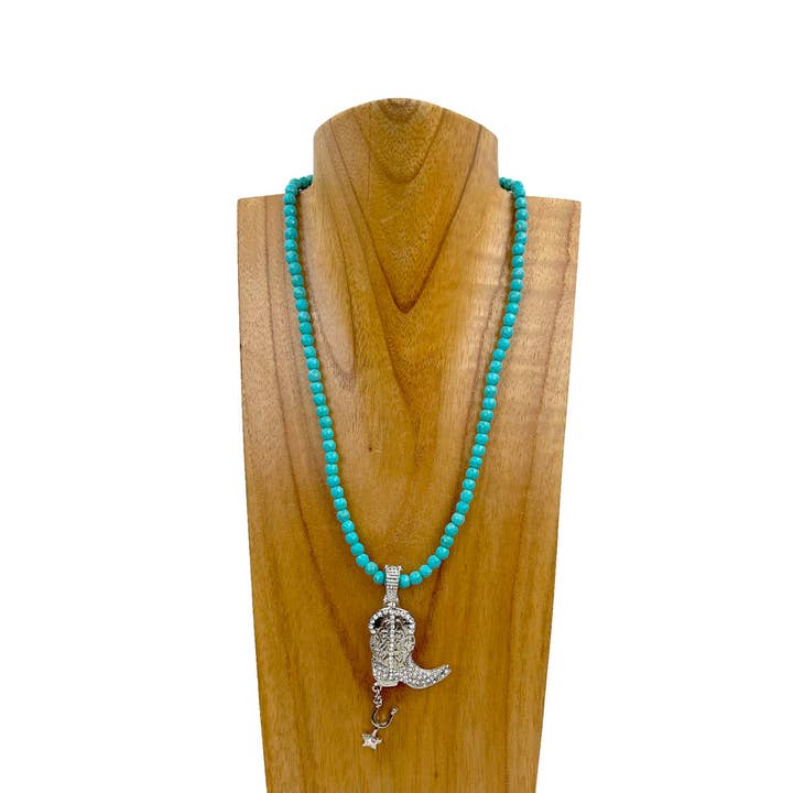 NKZ030524-58 19 inches blue turquoise stone beads with silver metal boot Necklace for wholesale by Western Elite Jewelry