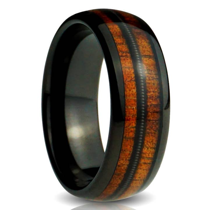 Redwood Rings - Wholesale Band/Stacked Ring - Black Tungsten Ring, Guitar String and Koa Wood Inlay - 8MM2