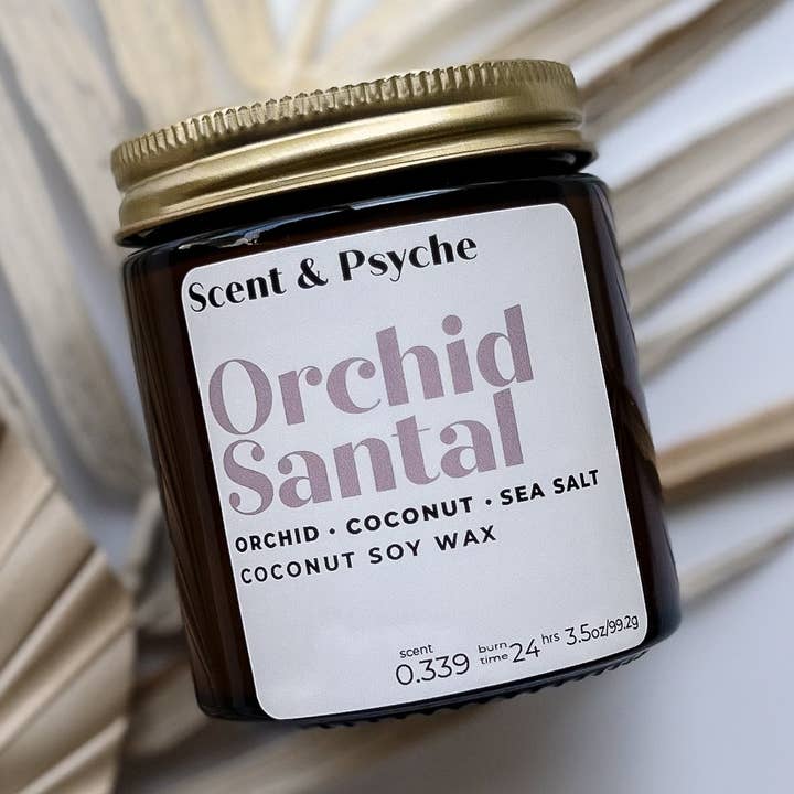 Bougie parfumée Orchid Santal - Pot ambré de 4 oz pour la vente par Scent & Psyche