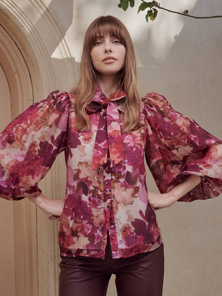 BALLOON SLEEVE BLOUSE PINK PRINT for wholesale by Sofia Irina