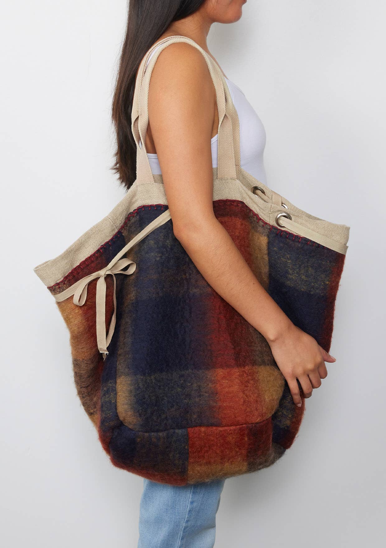 Large Reversible Canvas Tote Bag with Navy Plaid Interior for wholesale on Faire4