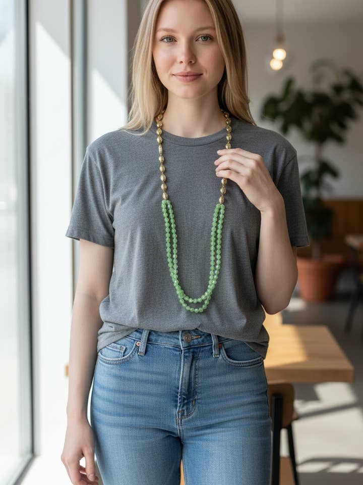 WearMe anywhere 34" springtime green necklace hand knotted for wholesale by Ava Capri