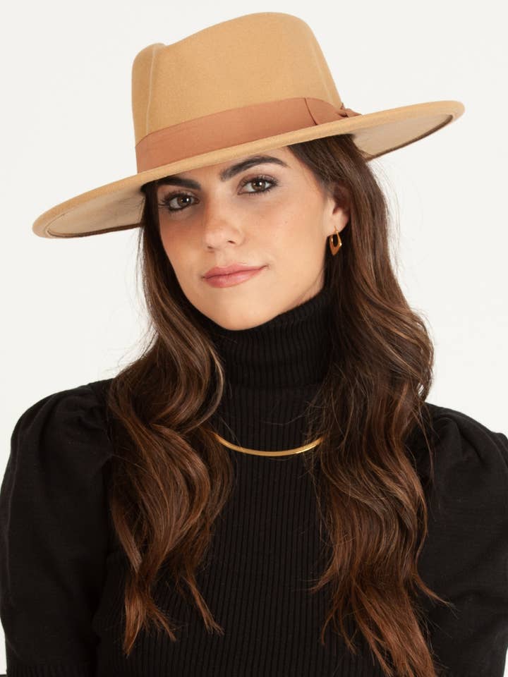 Vegan felt Rancher hat with bow grosgrain trim  in camel for wholesale by Lucca Couture