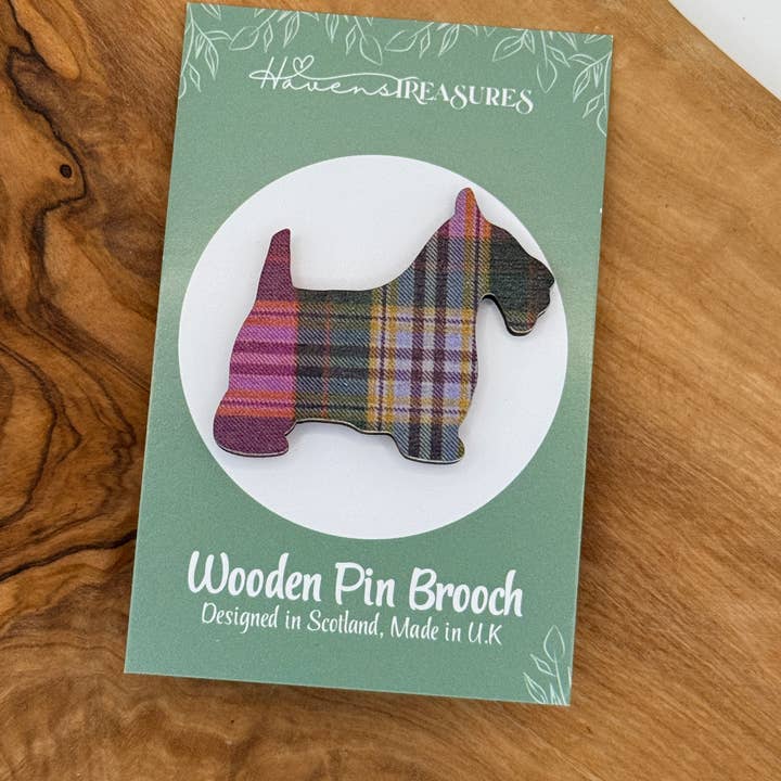 Scottie Dog Wooden Brooch Pin - Dundee Pink Tartan for wholesale by Havens Treasures