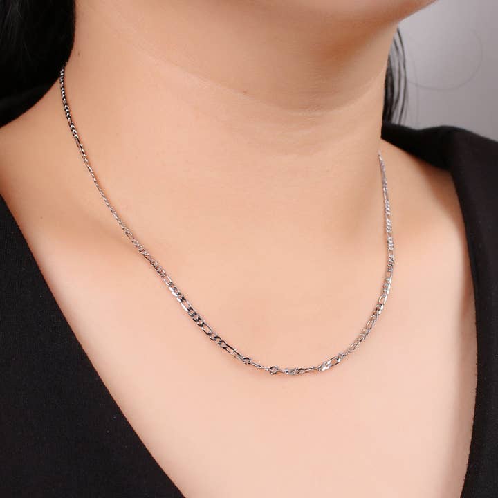 Aim Eternal - Wholesale Link & Chain Necklace - White Gold Filled Chain Necklace, 17.7", 17.8", 19.6" Figaro Chains, 3.2mm,3.3mm,4.5mm Figaro Necklace w/Lobster Clasps | CN-946, CN-947, CN-948
