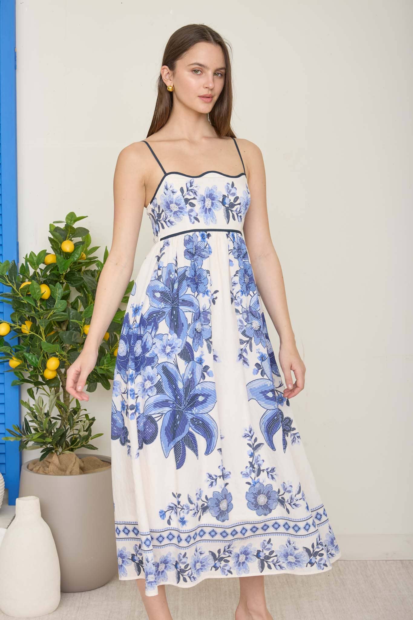 Blu Pepper - Wholesale Dress - Women's - POSITANO FLORAL PATTERN SPAGHETTI STRAP MIDI DRESS0