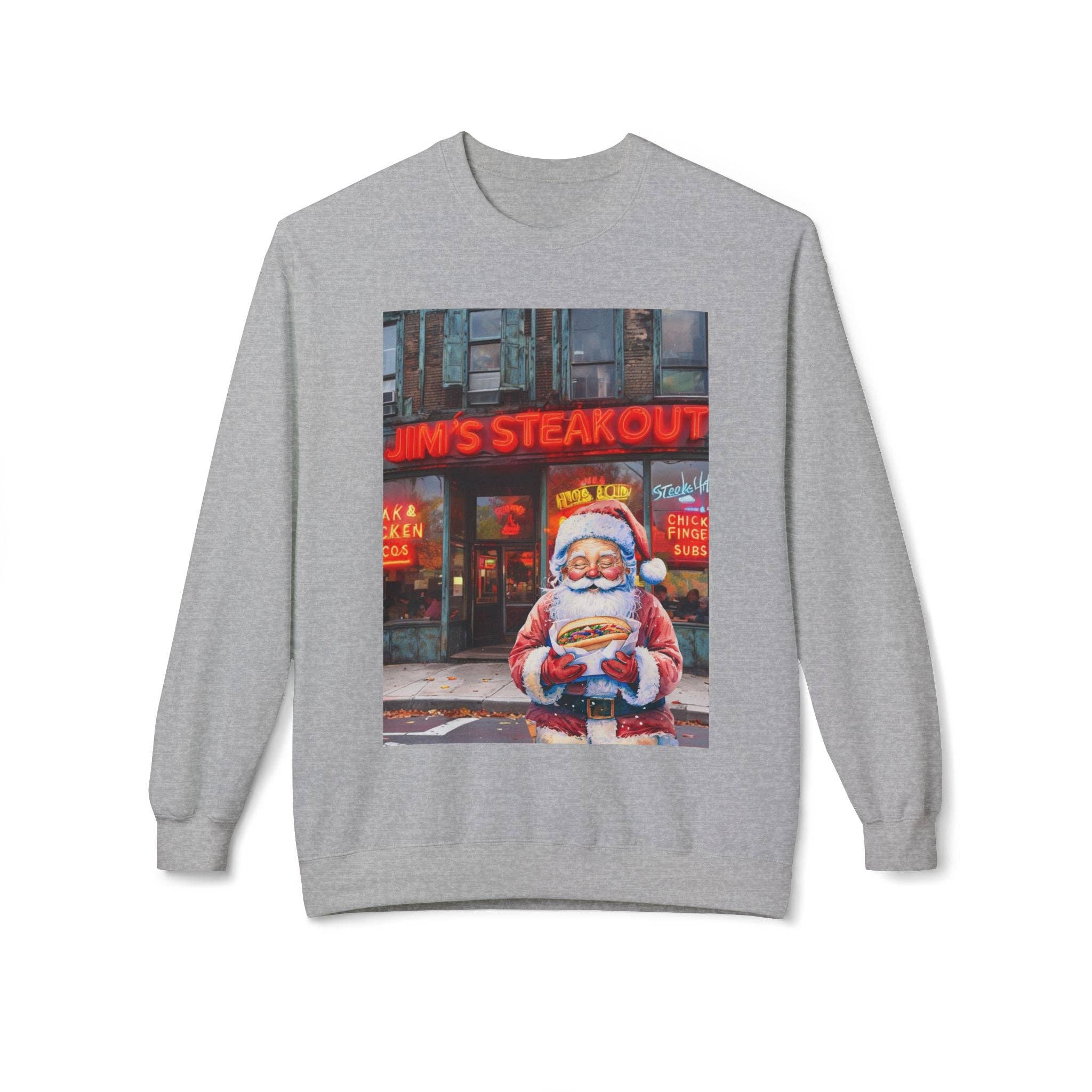 Buffalovely - Wholesale Graphic Sweatshirt - Unisex - Santa with a Hoagie at Jim's Steakout Unisex Cozy Crewneck Sweatshirt4