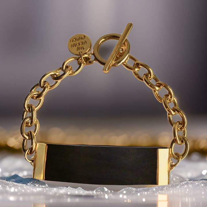 Black Leather and Chain ID Toggle Bracelet by The Urban Charm for wholesale by The Urban Charm