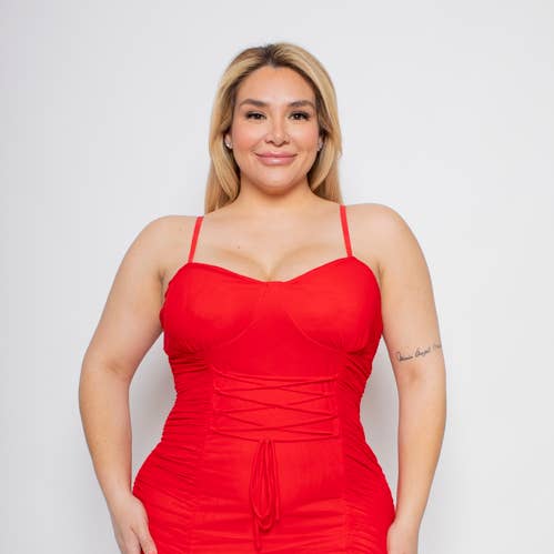 PLUS STØRRELSE MESH RUCHED BLONDER OP FORAN KORSET KJOLE for engroshandel hos Curve Market