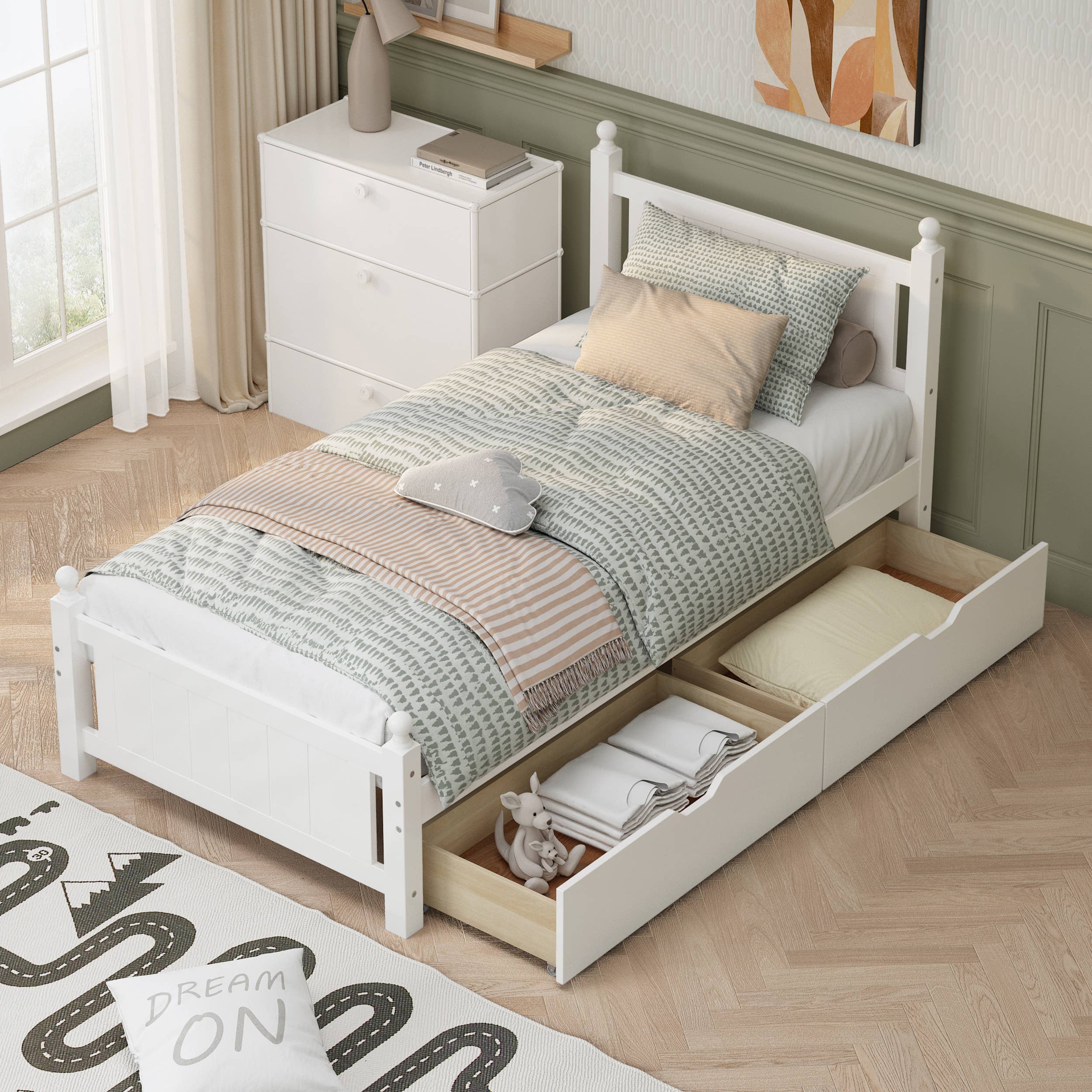 White Twin Size Solid Wood Platform Bed Frame with 2 Drawers for wholesale on Faire1