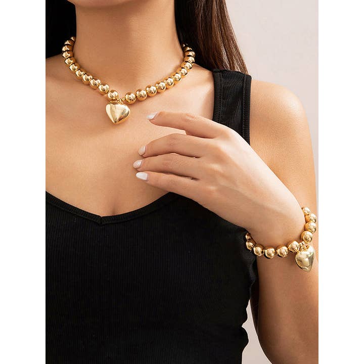 ginghamandposh - Wholesale Jewelry Set - Beaded Heart Shape Shiny Bracelet and Dainty Necklaces