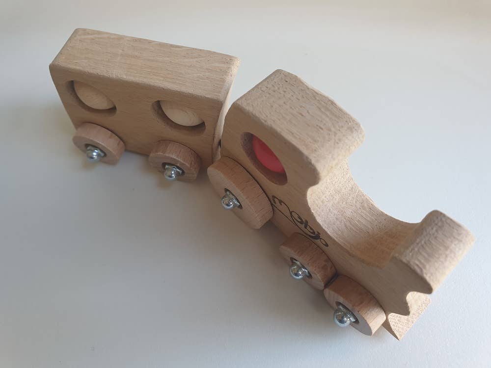 Mobjo - Vendita all'ingrosso Giocattolo in legno - Bambini - Piccolo treno in legno con locomotiva e carro articolato TchouJo1