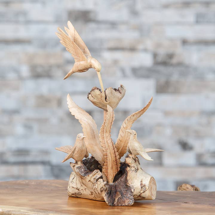 Garden Age Supply - Wholesale Decorative Figurine - Parasite Wood Hand Carved Figurine - Birds Family