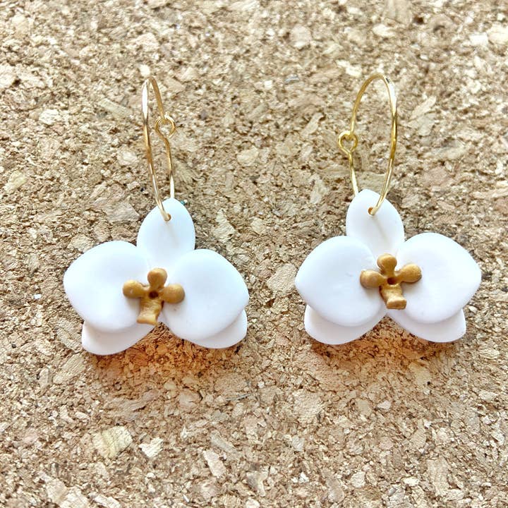 White Orchids clay earring with 14k gold plated hook for wholesale by Giralda Designs