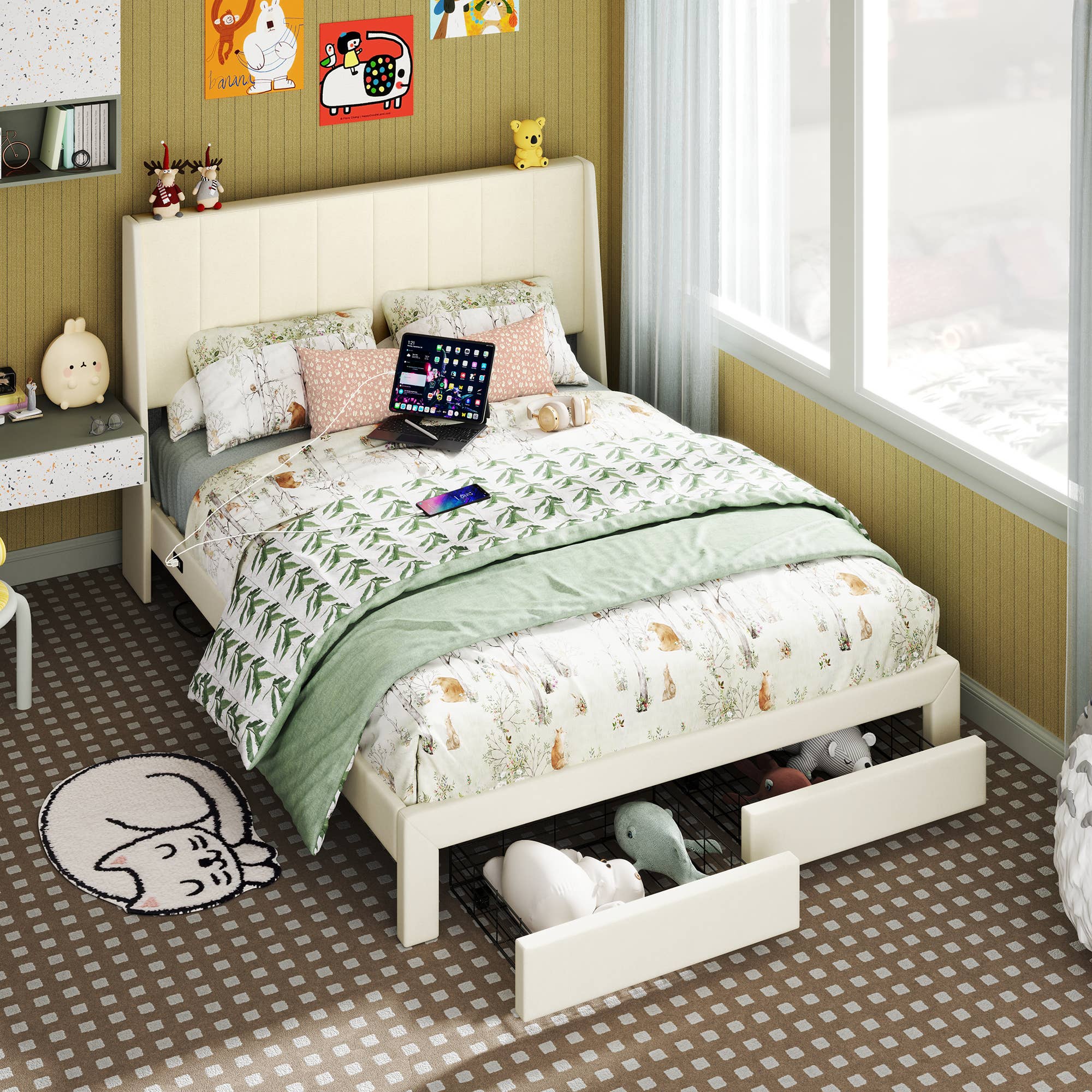 HOMYCASA DESIGN INC - Wholesale Bed - Queen/Twin Bed Frame - Drawers, USB, Beige1