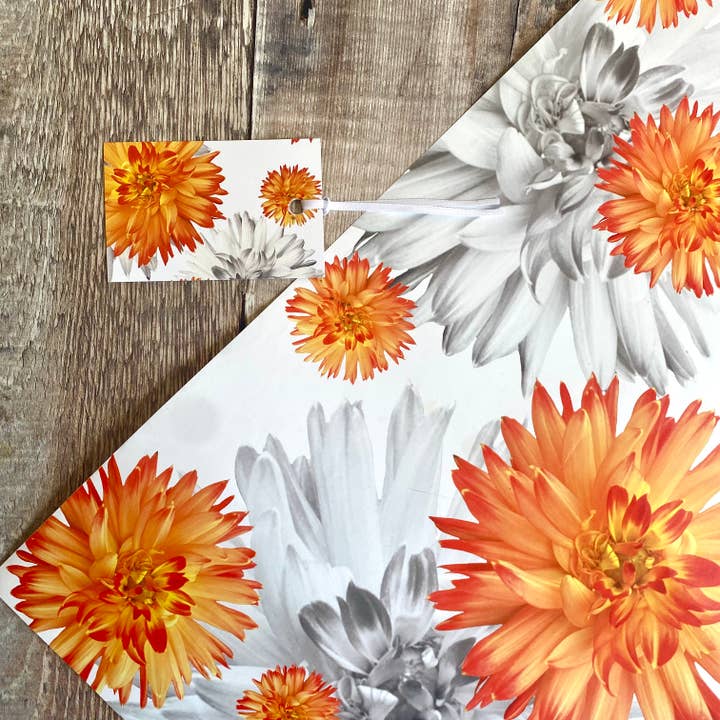 Gift wrap and tag set- orange dhalia gift wrapping paper for wholesale by Alex Sharp