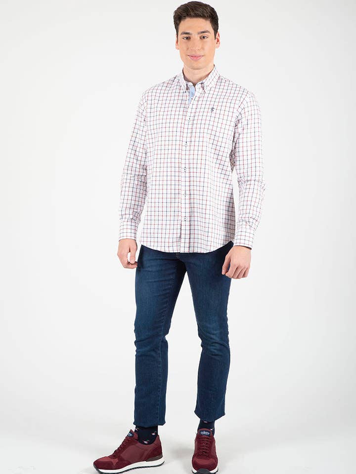 Solera – Camisa de botões - Homem por atacado – Camisa xadrez vermelha Viyela azul marinho