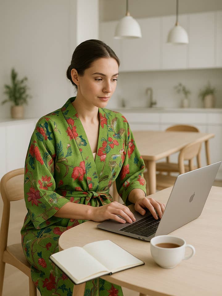 Glamthread - Wholesale Robe - Women's - Green Floral Cotton Kimono Robe | Waffle Weave Loungewear & Travel Cover-Up1