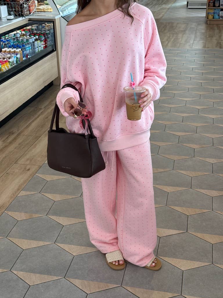 Sunkissed Coconut - Wholesale Sweatshirt - Women's - Light Pink Polka Dot Off The Shoulder Sweatshirt15