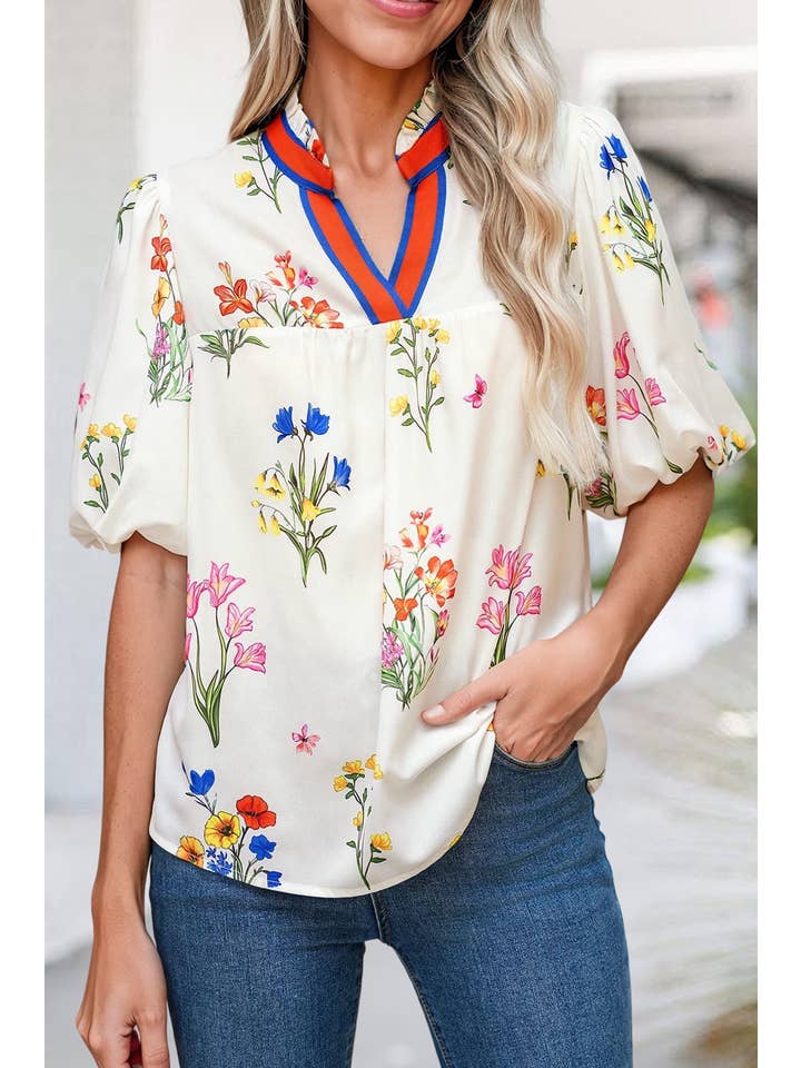 As shown Boho Floral Print V Neck Shift Blouse | S-XL for wholesale on Faire