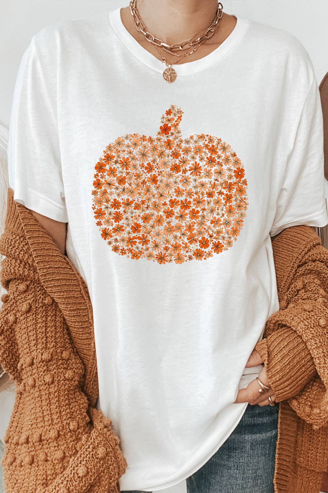 Kissed Apparel - Vendita all'ingrosso Maglietta serigrafata - Donna - Maglietta Grafica Autunnale con Zucca e Fiori7