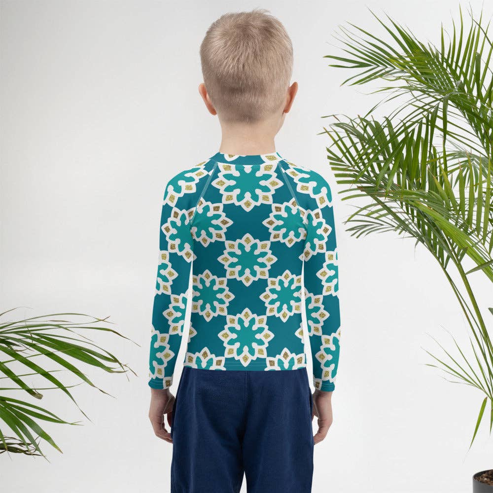 The Shamal – wholesale Rashguard - Barn – Kids Rash Guard 2T till 7 år - Arabesque Blommor i Aqua och Guld5