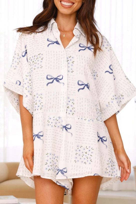 Blue Ribbon bow printed oversized Button short sleeve romper for wholesale on Faire8