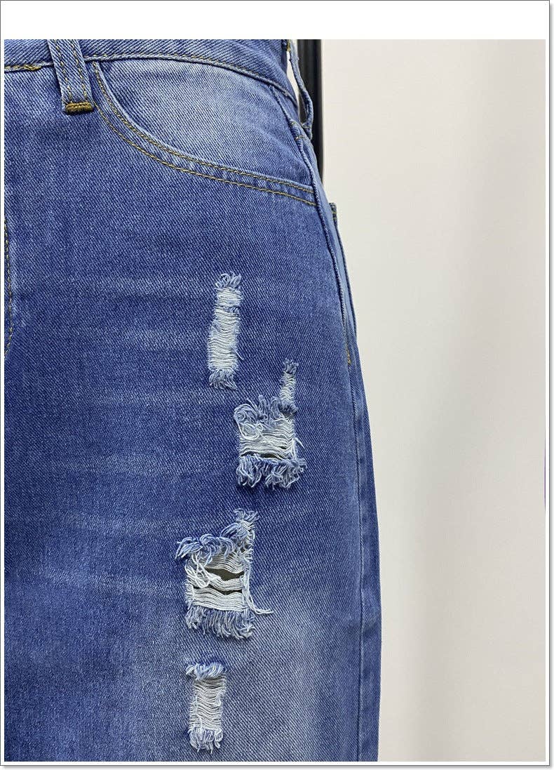 Sweetkama – wholesale Skirt – Women’s – High Waist Distressed Split Daily Denim Midi Skirt SKS66974