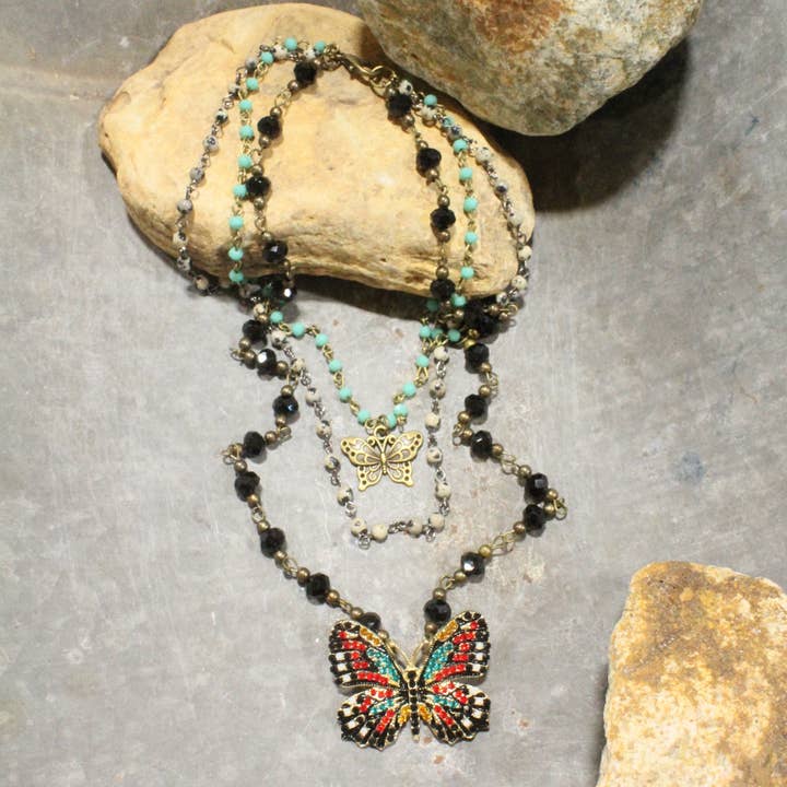 Spread Your Wings Black Butterfly Layered Necklace for wholesale by The Primitive Peddler, Inc.
