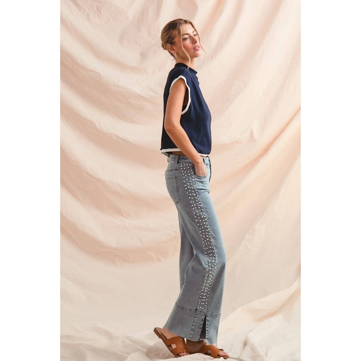 IVE - Wholesale Pants - Women's - Mid Rise Flare Bottom Denim Jeans With Side Pearl6