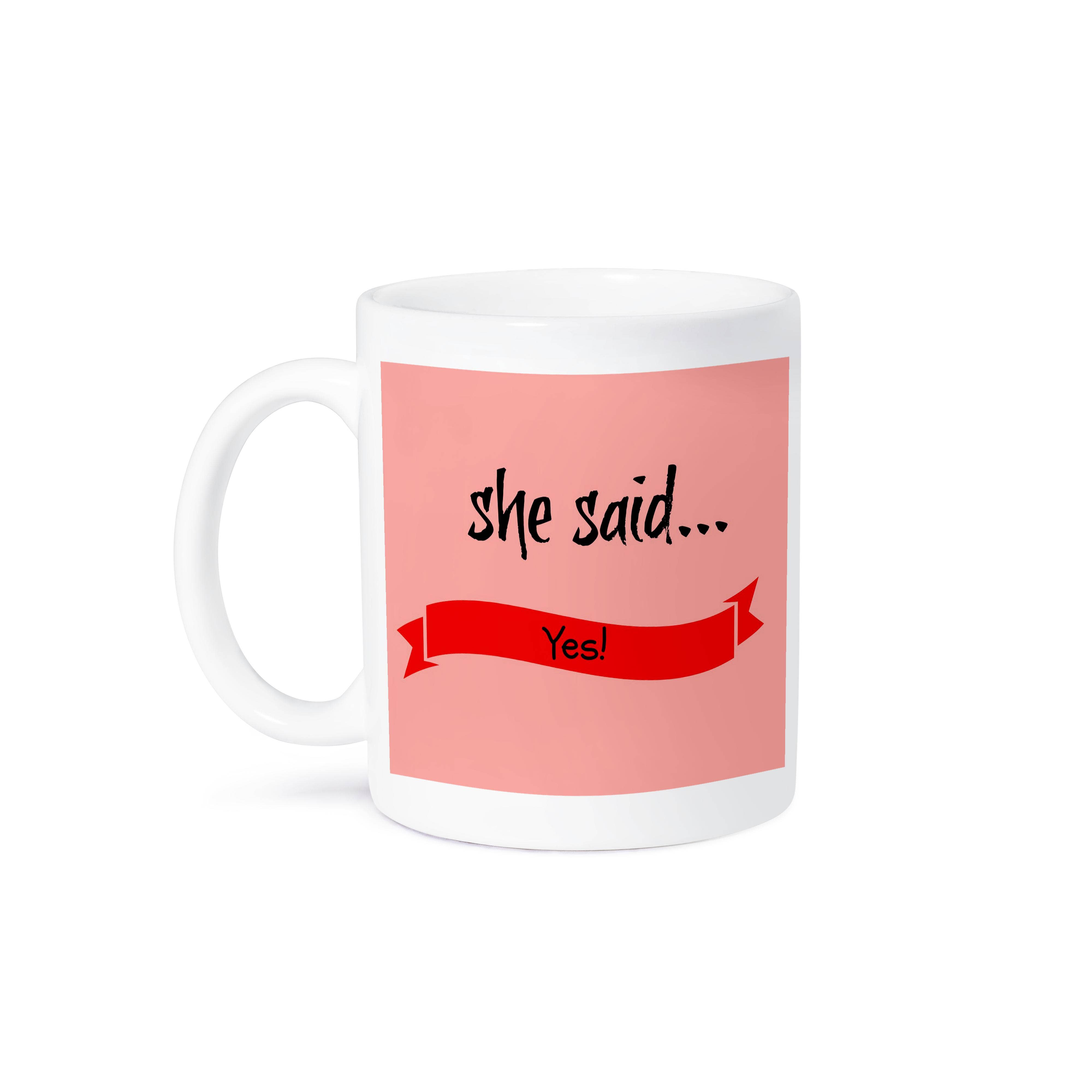 3dRose - Wholesale Coffee Mug - 3dRose, she said yes, black lettering on red ribbon, pink background, Mug8