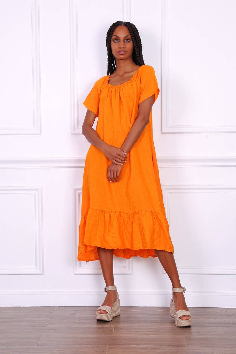 Happy look - Wholesale Dress - Women's - Long Linen Dress with Short Sleeves and Elastic Collar21