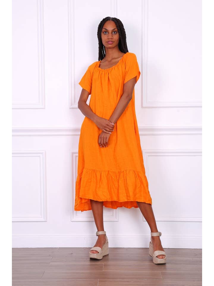 Happy look - Wholesale Dress - Women's - Long Linen Dress with Short Sleeves and Elastic Collar21