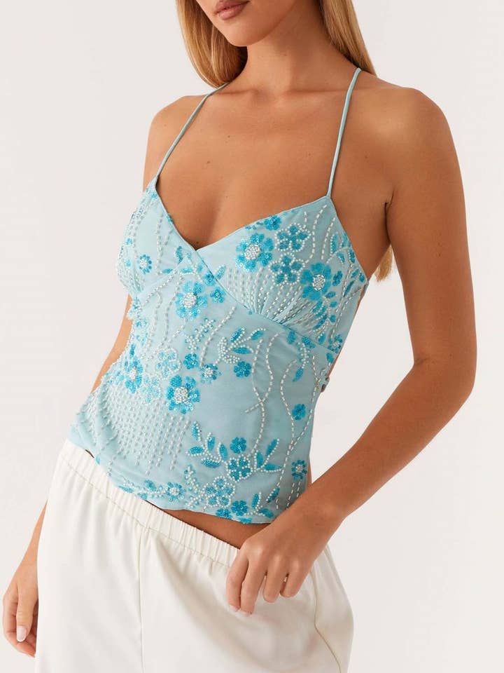 Rosa Clothing - Wholesale Tank Top - Women's - Sequin Floral Embroidery V-Neck Crop Tank Top