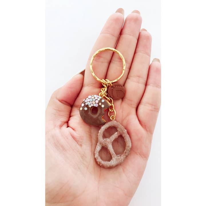 Sweets & Pearls - Wholesale Keychain - Women's - Polymer Clay Chocolate Bitten Donut with Pretzel Keychain