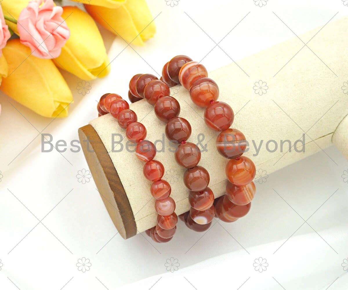 BestBeads&Beyond - Wholesale Beaded Bracelet - High Quality Natural Orange Red Banded Agate Stretchy Bracelet, 8mm/10mm/12mm Elastic Fit Round Smooth Bracelet, 7.5'' Bracelet, Sku#EF14