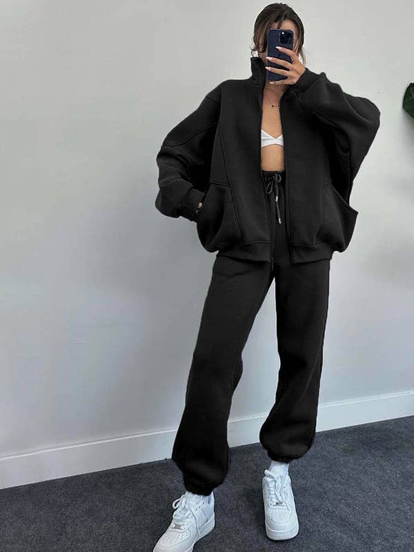 Autumn Winter Solid Color Stand Collar Cardigan Long Sleeve Sweaters Women Clothing Casual Trousers Suit for wholesale by Bella Nova Style Co