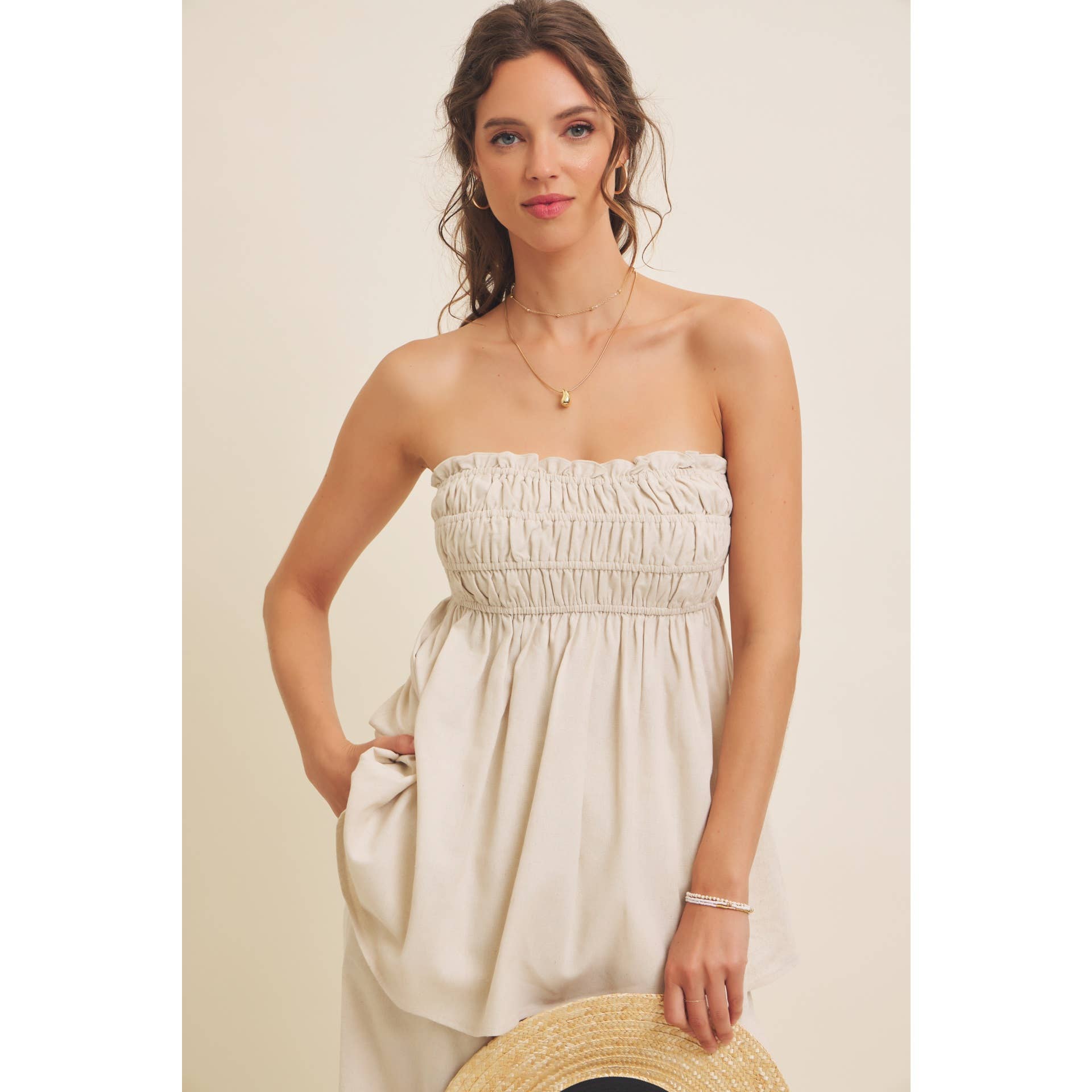 in february – Blusa - Mulher por atacado – TOP TÚNICA SEM ALÇAS DRAPEADO EM VISCOSE E LINHO22