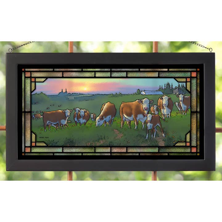 HEREFORD COWS 13X23 FRAMED GLASS ART for wholesale by Art Brand Studios