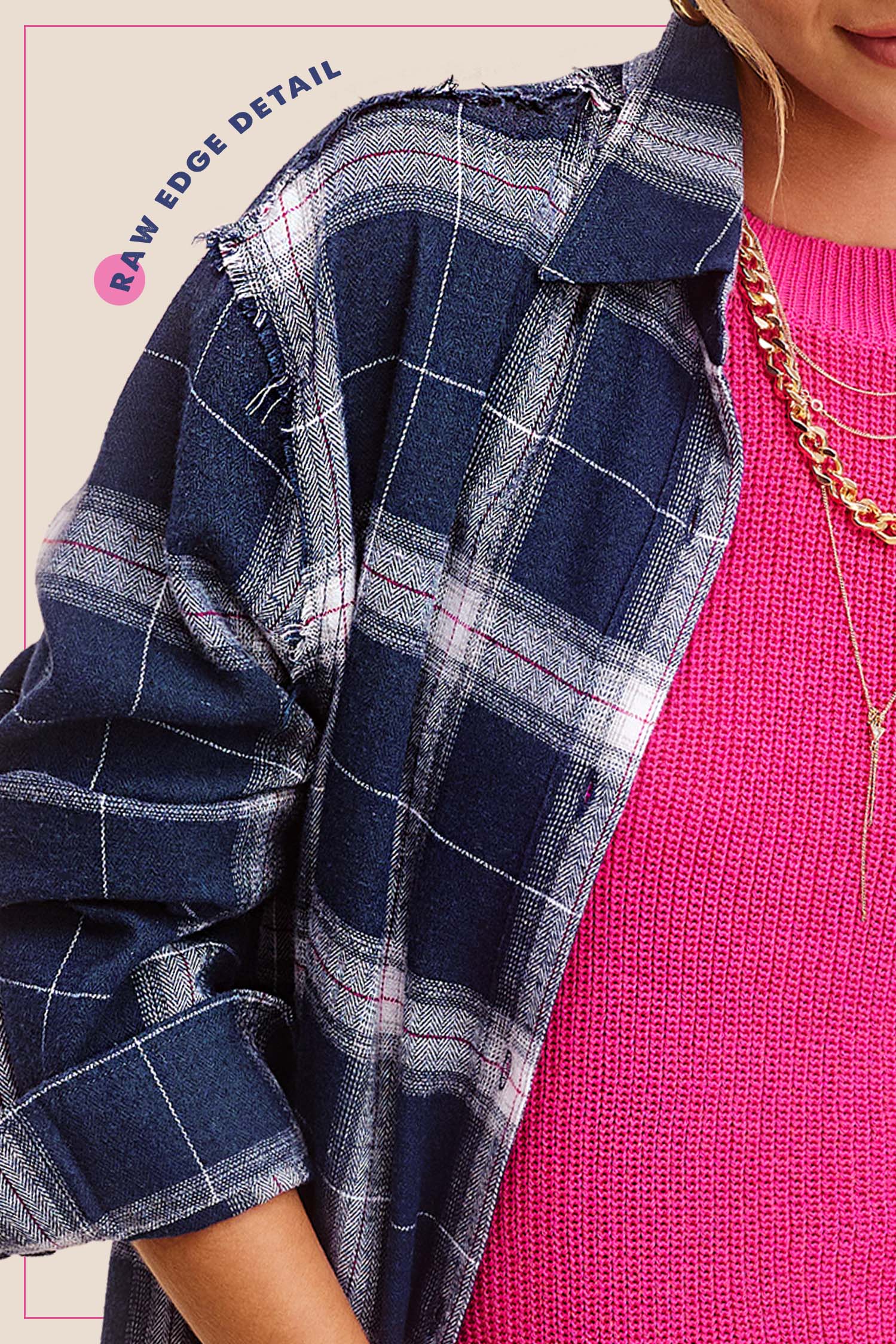 La Miel - Wholesale Button Down Shirt - Women's - SRT1372-Loose Fit Button Down Cut Edge Detailed Plaid Shirts10